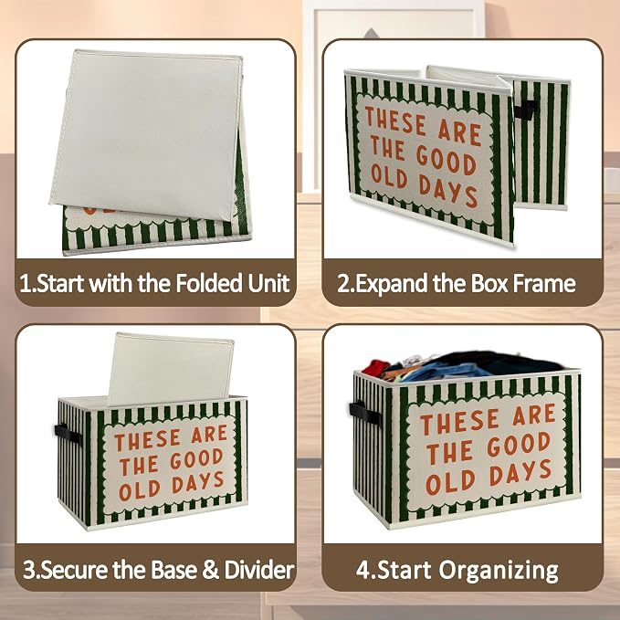 Inspirational These Are Good Old Days Cube Storage Bins with Handles, Green Striped Motivational Collapsible Fabric Storage Basket Boxes Books Clothes Organizer for Bedroom Bathroom