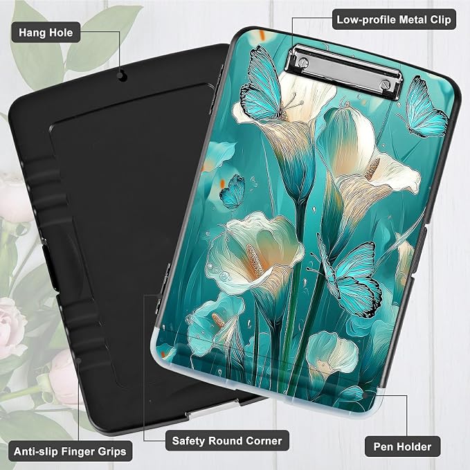 A4 Clipboard with Storage Pen Holder, Clipboards Organizer Nursing Clipboard Foldable File Folder Plastic Clipboard Folio Clip Board for Office Work Classroom Doctor, Blue Lily