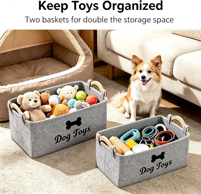 Dog Toy Storage Basket, Felt Pet Toy Organizer with Wooden Handles, Collapsible Pet Supplies Storage Bin for Dog Cat Toys, Treats, Accessories, Home Office Closet Organizer (LightGray-2)