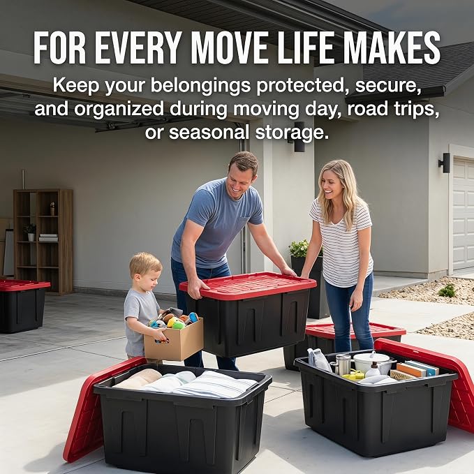 4-Pack 27Gal Stackable Storage Bins Locking Lids Heavy-Duty Dustproof | rust/dent/stain-proof,padlock-ready,anti-topple,easy-clean,eco-friendly