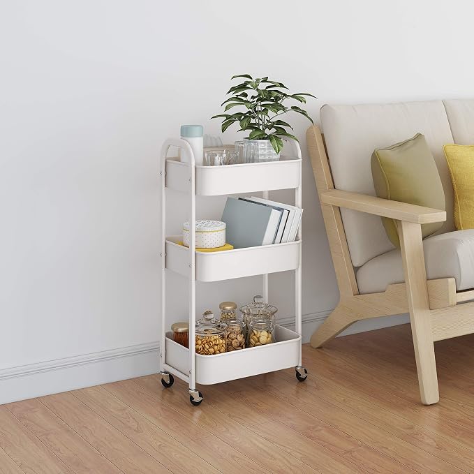 3-Tier Rolling Utility Cart with Caster Wheels,Easy Assembly, White | Easy Assembly, multi-purpose storage trolley for kitchen, rolling cart with smooth caster wheels for bathroom