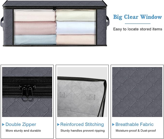 HomeHacks 3-Pack Clothes Organizer Storage Bags, 35L Storage Bins, Gray | Foldable Storage Box Container with Zippers, Clear Window, Reinforced Handles for Closet, Dorm, Pillows, Bedding, Sweater