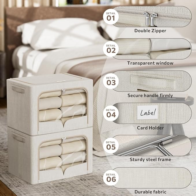 FHSQX 3 Pack Clothes Storage Bins - Foldable Metal Frame Storage Box - Stackable Linen Fabric Container Organizer Set with Carrying Handles and Clear Window (Beige, 19.7x15.7x13inch(66L))
