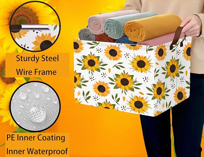 Sunflower Empty Gift Storage Basket Collapsible Canvas Baby Toy Bin Decor(Yellow)