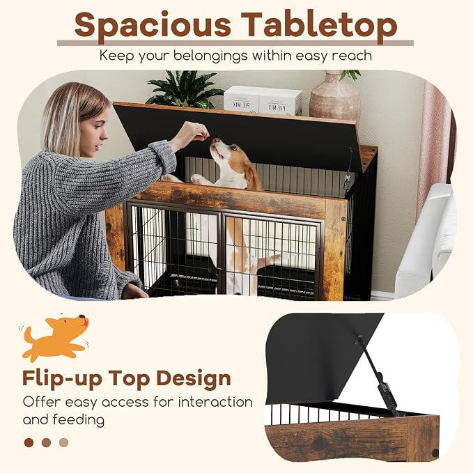 PETSITE Portable Dog Crate Furniture, 38 Inch Wooden Dog Kennel Side Table with Flip-up Top, 3 Lockable Doors and Removable Tray, Ideal for Small to Medium Dogs (Rustic Brown)