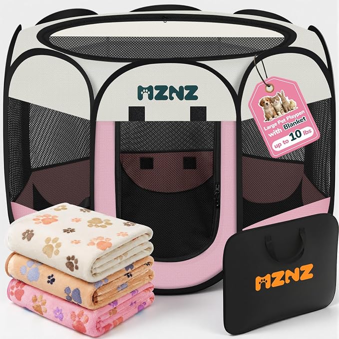 Dog Cat Small Animal Puppy Playpen Crate with 3 Blankets, Small, Pink | Portable Pop Up Pet Cage Enclosure Tent Kennel Indoor Outdoor with Carrying Case, No Assembly, Camping Use