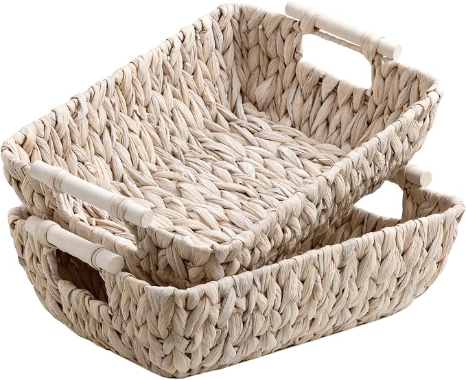 StorageWorks Wicker Baskets for Storage, Storage Baskets for Decor | Wicker Storage Baskets for Shelves, Baskets with Wooden Handles, 2-Pack Gifts Basket for Home Decor, Hand-Woven Basket