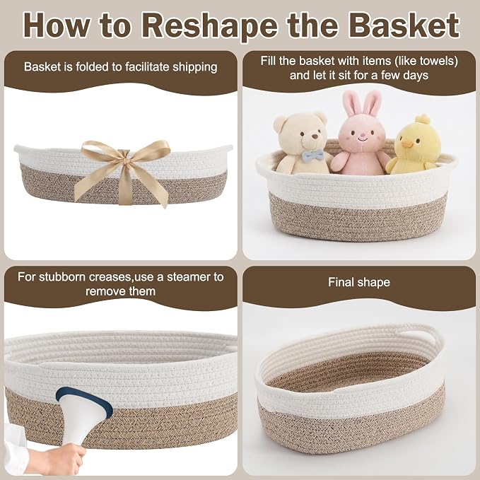 Basket for Gifts Empty, Small Woven Basket with Bags and Ribbons, Baby Toy Baskets with Handles, Wicker Storage Bin for Baby Showers or Pet Toy (White & Brown, 1 Pack (12"x 8"x 3.74"))
