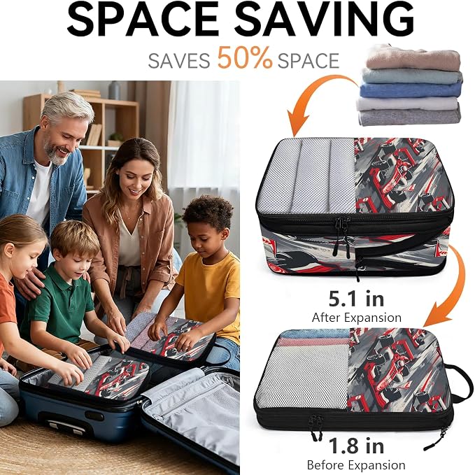 Racing Car Compression Packing Cubes Race Car 6 Set Travel Packing Cubes for Suitcases Lightweight Expandable Organizers