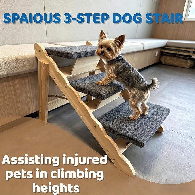 Wooden Pet Stairs, 2-in-1 Folded Pet Steps for Beds, Anti-Slip Dog Ramp with 3 Steps for Small Medium Large Pet, up to 150 lbs
