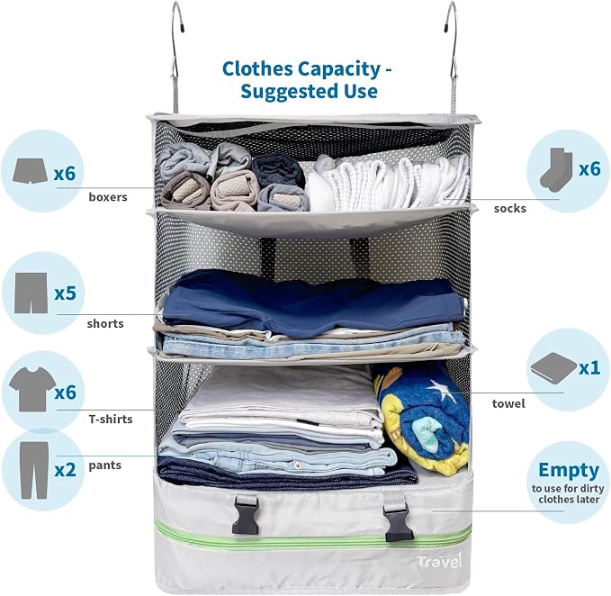 Stow-N-Go Hanging Travel Shelves, Packing Organizer for Luggage. Carry on Closet for Suitcase. Expandable Packing Cube. Travel Essentials. (Light Gray - XL, XL = (L) 17.7" x (W) 11.8")