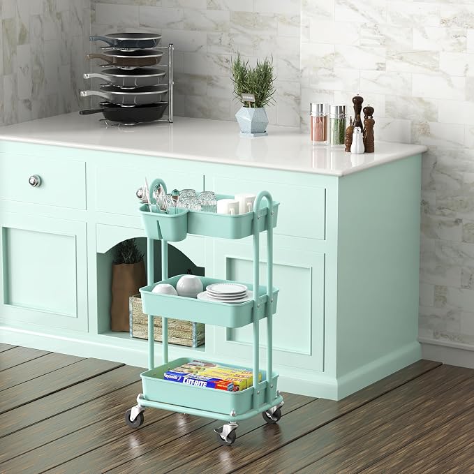 Simple Houseware 3-Tier Rolling Utility Cart with Hanging Bucket, Turquoise | Storage for Bathroom, Kitchen, Office, Study Room, Nursery Diaper