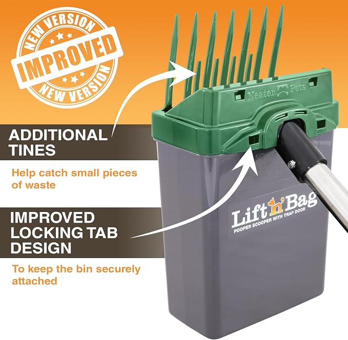 Neater Pet Brands Lift N’ Bag 2.0 Dog Pooper Scooper with Bag Attachment & 22" Pole for Small to Large Dogs, New & Improved Design, 60 Refill Bags, Heavy Duty Dog Poop Scooper for Yard, One-Hand Use