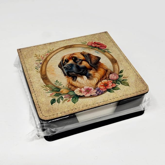 Caroline's Treasures Leonberger and Flowers PU Leather Note Paper Holder with Artist-Designed Cover, Desk Accessory, Office Gift