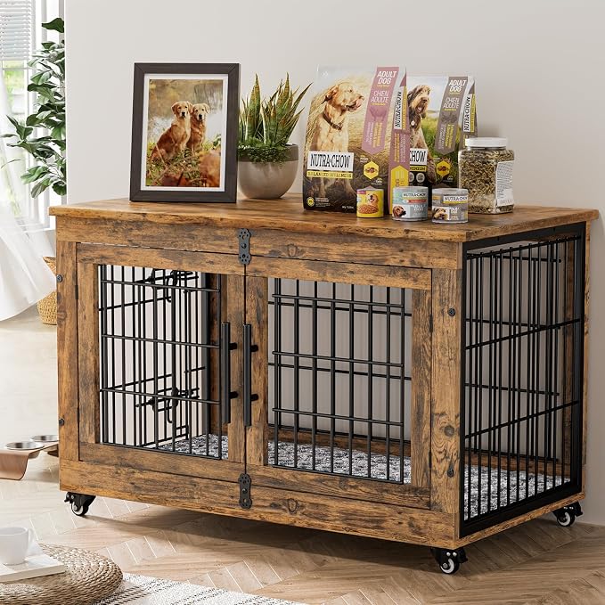 Large Dog Crate Furniture, 38'' Heavy Duty Wood Kennel w/Cushion & Wheels | Rustic Brown, Double Doors, Wooden Dog Cage, Chew-Resistant, End Table, Decorative, 27"/32"/38"/44" Options, Indoor
