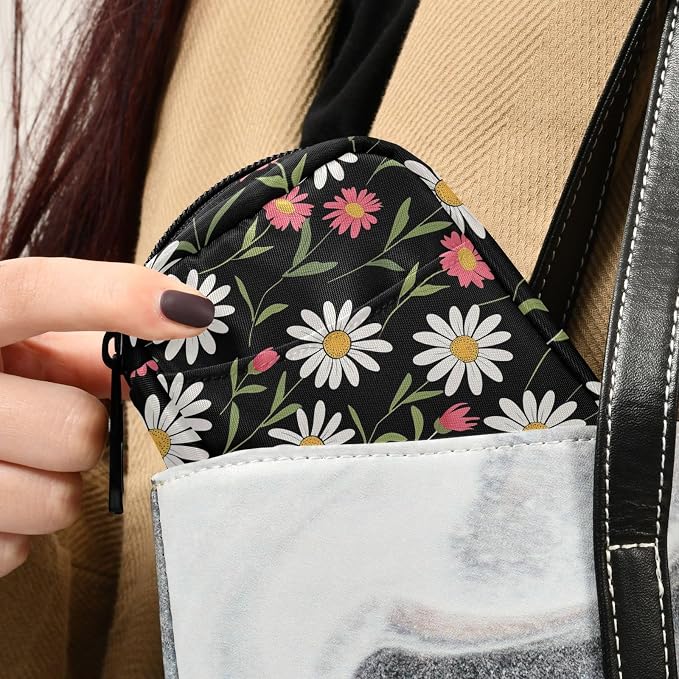 Fustylead White and Pink Cute Daisy Flowers Pill Organizer for Purse, Weekly Portable Pill Box with Zipper to Storage Vitamins Fish Oils Medications Supplements