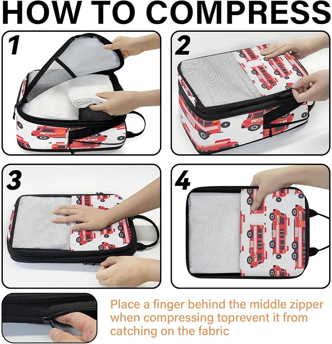 Fire Trucks Compression Packing Cubes Car 6 Set Travel Packing Cubes for Suitcases Lightweight Expandable Organizers