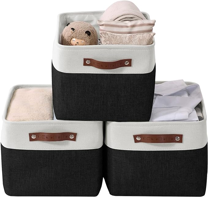 DECOMOMO Storage Bins, Large Fabric Storage Baskets for Shelves 3 Pack | 15 x 11 x 9.5 inches Decorative Linen Closet Organizers (Black & White)