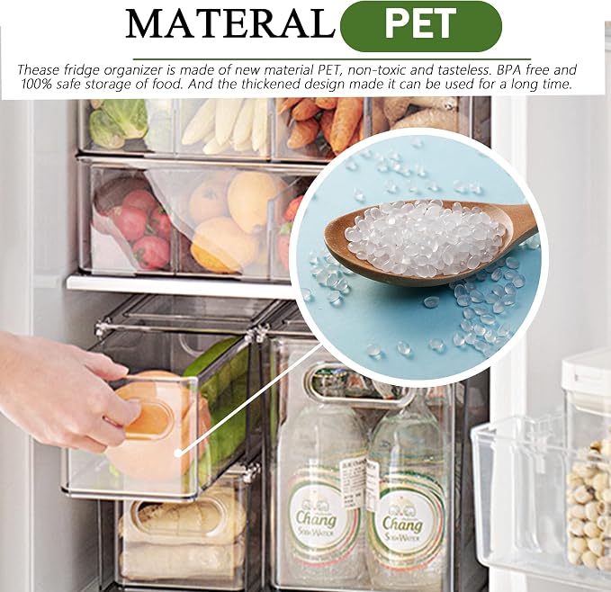 Refrigerator Organizers and Storage, 2 Pack BPA-Free Sturdy Stackable Clear Pull out Drawer Organizer Bins, Fridge Organizers and Storage for Fruit, Produce, Drink, Snack and Food Storage Containers