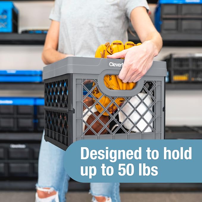 CleverMade Collapsible Milk Crate, Red, 1PK - 25L (6 Gal) Stackable Storage Bins, Holds 50lbs Per Bin - Clevercrates are Heavy Duty, Plastic Collapsible Storage Crate for Multi Purposes | Organize Files, Groceries, and Gear in One Crate | Built-In Rail...