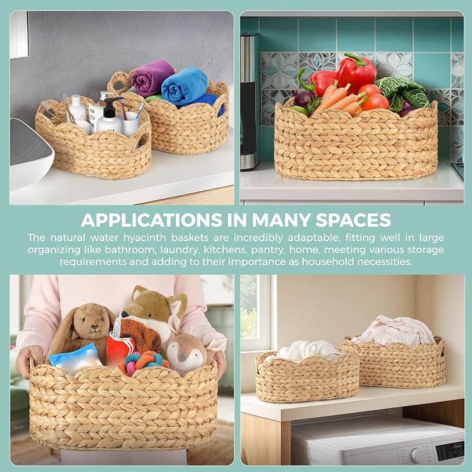 Scalloped Baskets (Natural-Set of 2), Storage Basket, Water Hyacinth Basket for Organizing and Decor, Hand-Woven Hyacinth Baskets with Built-In Handles for Living Room, Bedroom, Laundry, Pet toy,Food.