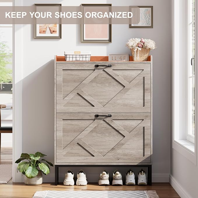 Shoe Storage Cabinet with 2 Flip Drawers, Freestanding Shoe Organizer, Shoe Cabinet with Metal Legs, Narrow Shoe Rack Cabinet, Farmhouse Slim Shoe Cabinet for Entryway, Hallway, Rustic Gray