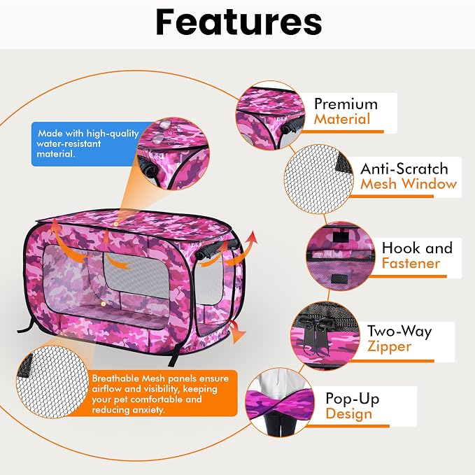 Portable Collapsible Pop Up Kennel, 40" L x 27" W x 27" H, Camo Pink | Collapsible indoor/outdoor travel cat and dog crate with mesh screen windows pops up and folds flat for easy storage