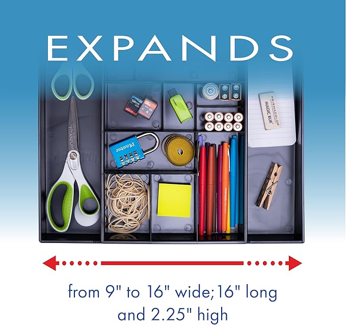 Dial Industries Expandable Office Drawer Desk Organizer Storage Tray | Adjusts to fit narrow or wide drawers, Keeps pens, tools and small items separated, Great for desks, offices or kitchens