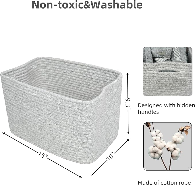 XUANGUO Woven Cotton Rope Storage Baskets 15x10x9.3" 3 Pack Grey | Decorative rectangular storage baskets for shelves and closets; storage bins organize clothes, toys, books and nursery items.