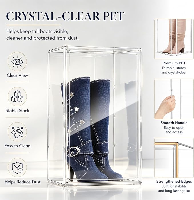 23.6'' Tall Boot & Shoe Boxes, Clear Dustproof Acrylic Display Case | 13.8'' x 12.2'' x 23.6'' tall display case for boots, upright handbags, dolls, figures and display storage,1 Pack