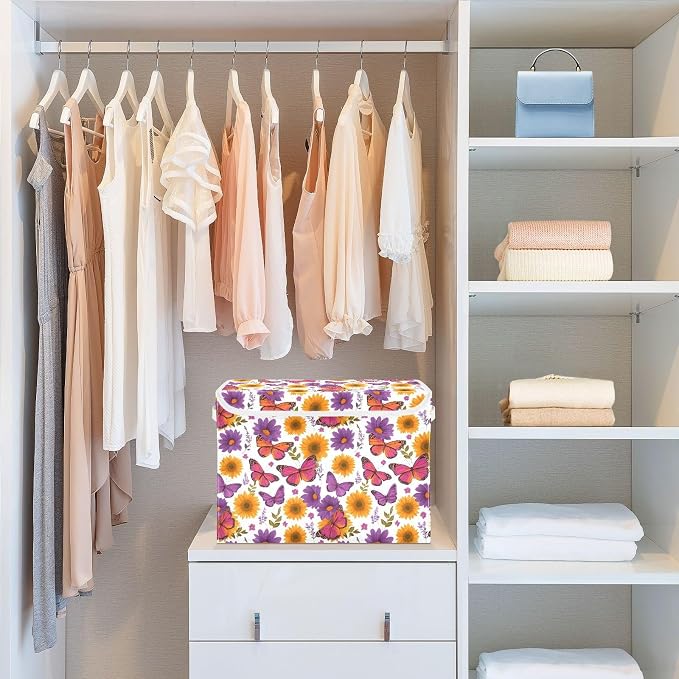 Butterfly Floral Storage Bins with Lids Closet Bedroom 40L Storage Basket | Decorative Storage Boxes, Foldable & Stackable, Dust-Proof Flip Top, Reinforced Handles, For Home & Dorm, Clothes & Toy Box