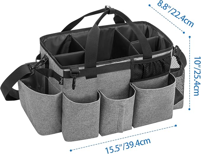 LoDrid Wearable Cleaning Caddy Bag with 4 Foldable Dividers, Grey | Cleaning Supply Organizer with Shoulder Strap and Side Handles for Cleaners & Housekeepers