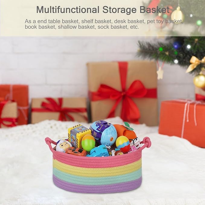 Small Empty Gift Basket with Bag & Ribbons, Rainbow | 12“x8”x5”, Cotton Rope Woven Basket for Birthdays, Baby Showers, Mother's Day, Christmas; Stores Small Items, Kids & Pet Toys