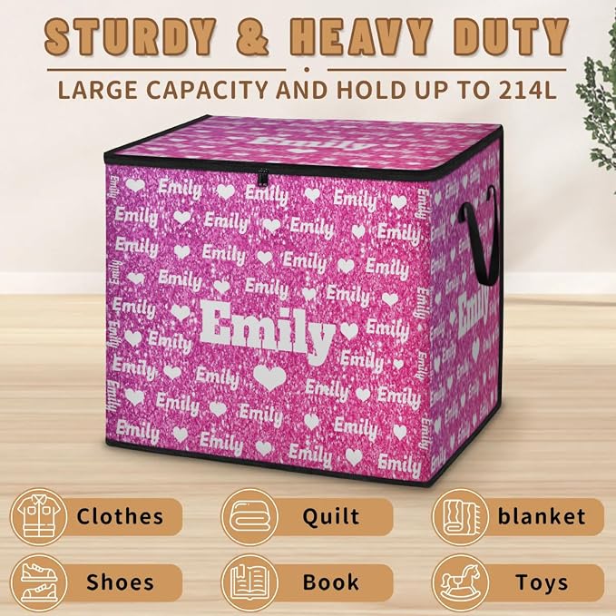Custom Comforters Storage Basket with Lid, Personalized Name Large Organizer Bin for Pet/Children Toys, Books, Clothes, Perfect for Rooms/Playroom, Water Pink Glittering with Love Hearts
