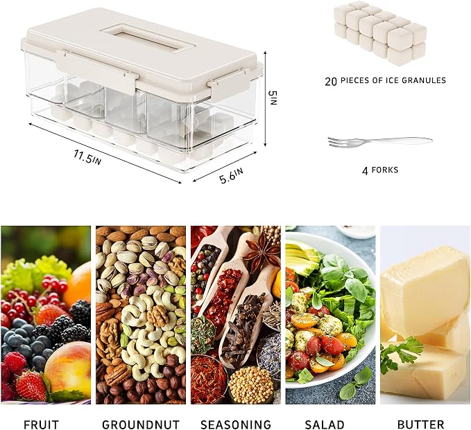 3Pack Ice Chilled Condiment Caddy with 4 Removable Containers Taco Ingredient Server with Lid Cooled Garnish Caddy Tray for Taco Mimosa Bar Sauce Fruits&Veggies Beige