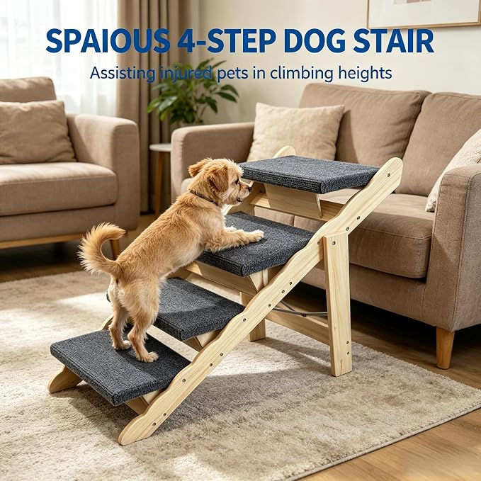 Wooden Pet Stairs, 2-in-1 Folded Pet Steps for Beds, Anti-Slip Dog Ramp with 4 Steps for Small Medium Large Pet, up to 150 lbs