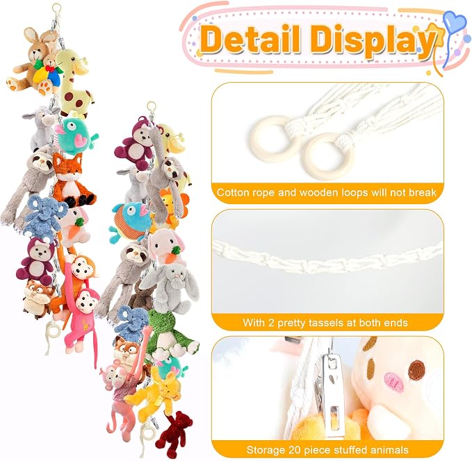 2pcs Stuffed Animal Storage Chain Boho Stuffed Animal Hammock | with 40pcs Metal Clips, Stuff Animal Organizer Hanging Storage for Bedroom Wall Door Display