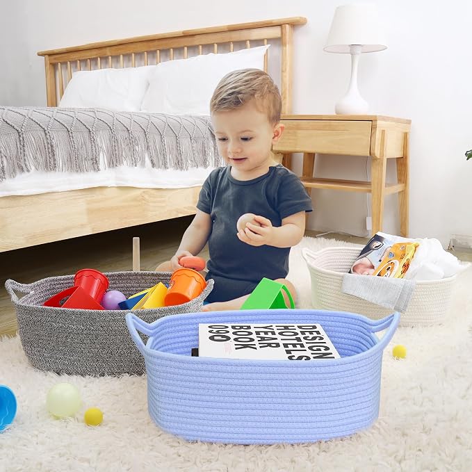 ABenkle Small Storage Basket with Handles, Cotton Rope Woven Dog Cat Toy Bin, Decorative Shelves Closet Organizing for Nursery Laundry Bedroom Bathroom, 14.2''x 11''x 5.1''