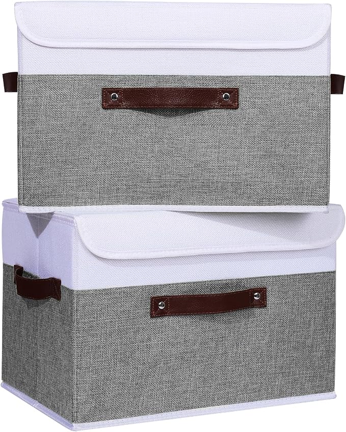 ANMINY Fabric Storage Box Bins with Lids, Gray White, 15"x10"x10", 4 Pack | Keepsake Memory Storage, Cotton Linen, PP Board Reinforced, Washable, PU Handles, Foldable & Stackable, Decorative, Large