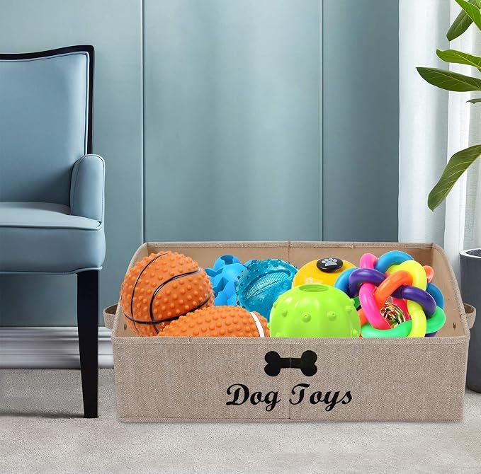 Morezi Linen-cotton blend dog toy basket and dog toy box, dog toy basket storage - Perfect for organizing pet toys, blankets, leashes, chew toys - Khaki Stripe - Dog