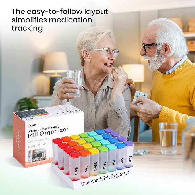 CAidRE 28 Day Pill Box, Clear Extra Large Vitamin Dispenser AM PM | 4 Week Transparent Medication Organizer, Moisture Proof Travel Pods Twice Daily, Instantly Track Your Supplements