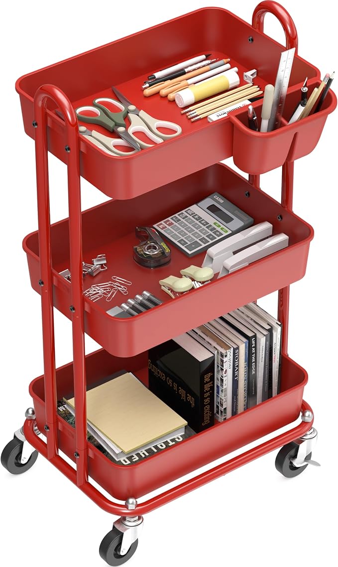 Simple Houseware 3-Tier Rolling Utility Cart with Hanging Bucket, Red | Storage for Bathroom, Kitchen, Office, Study Room, Nursery Diaper