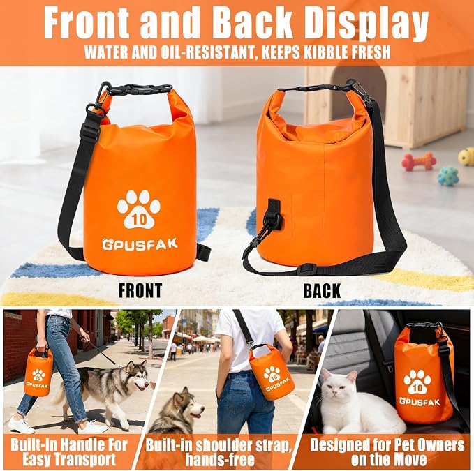 Pet Food Storage Bag with Bowl (64 Cup) - Zip Roll Top Dog Food Travel Bag Waterproof Kibble Container for Camping Road Trips Travel Dog Boarding Weekend Getaways Machine Washable 10L Orange