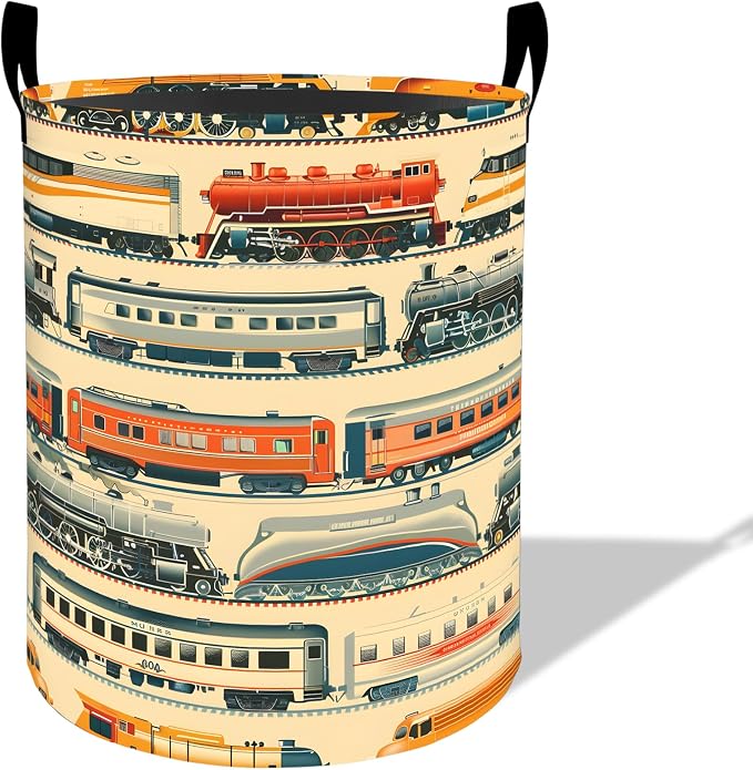 Vintage Train Laundry Basket Hamper 19.7"x15.8", Organizer Bins Gifts for Kids Boys Girls, Locomotive Railway Foldable Waterproof Oxford Clothes Storage Bucket for Bedroom Bathroom Decor