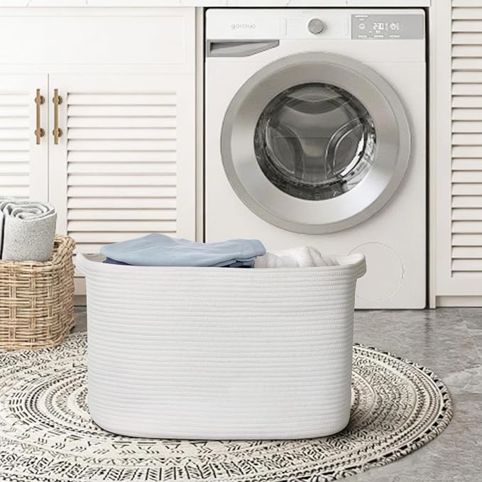 Extra Large White Storage Basket, 23.6" x 17" x 12" Rectangle Blanket Storage for Living Room, White Woven Cotton Rope Basket, Big Kids Toy Box Bin, XXXL Wicker Laundry Baskets for Organizing