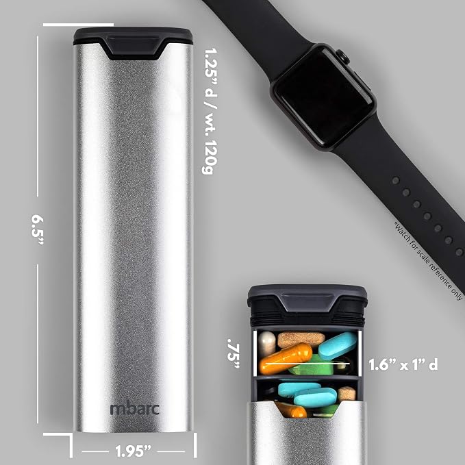 HigherHuman 7 Day Weekly Pill Organizer 2.0 by mbarc - Premium Stylish Aluminum and Wood Large Capacity Pill Box for Supplements, Pills, Vitamins and Medication. (Metallic Silver)