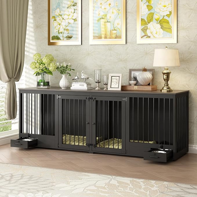 86.6" Large Furniture Style Dog Crate for 2 Dogs, Black | Heavy Duty Wooden Dog Kennel with Dog Bowl Drawers & Divider, Indoor Dog kennel House TV Stand for Large Medium Dogs