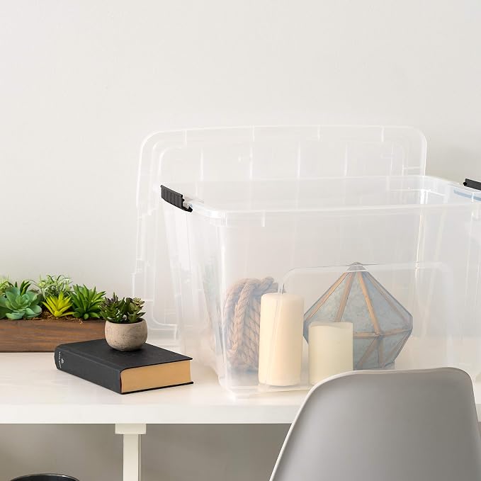 IRIS USA 4-Pack 54 Quart Storage Bins with Lids, Clear | Transparent design makes contents easy to find. Perfect for moving, blankets, clothing, and garage storage. Nestable design