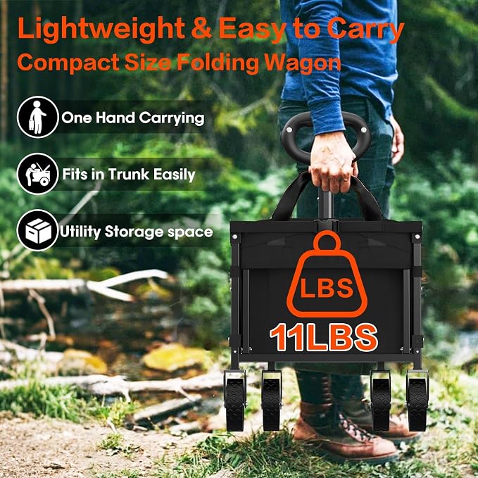 Yozoia Wagons Carts Foldable,120L Collapsible Wagon Cart with Wheels,Black | Foldable, Lightweight, Portable, Simple Installation, for Camping Shopping Beach Garden Sports