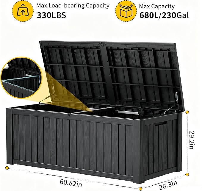 230 Gallon Outdoor Storage Box Waterproof Deck Box for Patio | Black, Resin, Large, Weatherproof, Divider, Lockable, Hydraulic Rod, Easy Assembly, Patio Cushions Storage, Organization